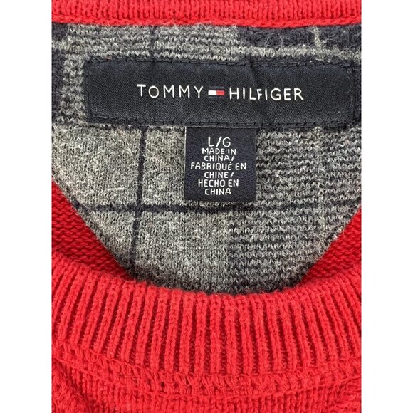 Tommy Hilfiger Mens L Red Sweater Crewneck Pullover Classic Preppy Logo Cotton - Picture 2 of 8
